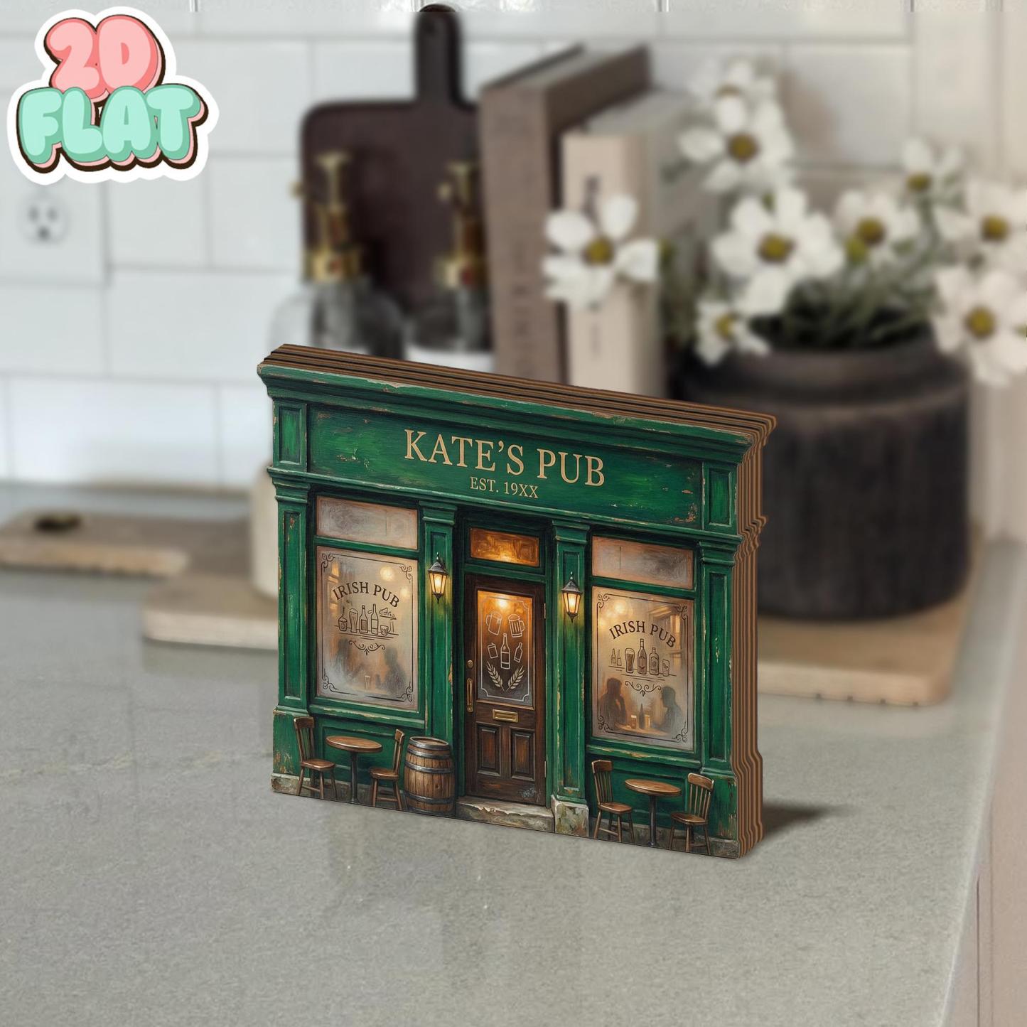 Personalized Irish Pub 2D FLAT Wooden Block Decor, Custom Pub Name Shelf Sign, Green Bar Book Nook Style, Irish Home Decor Gift