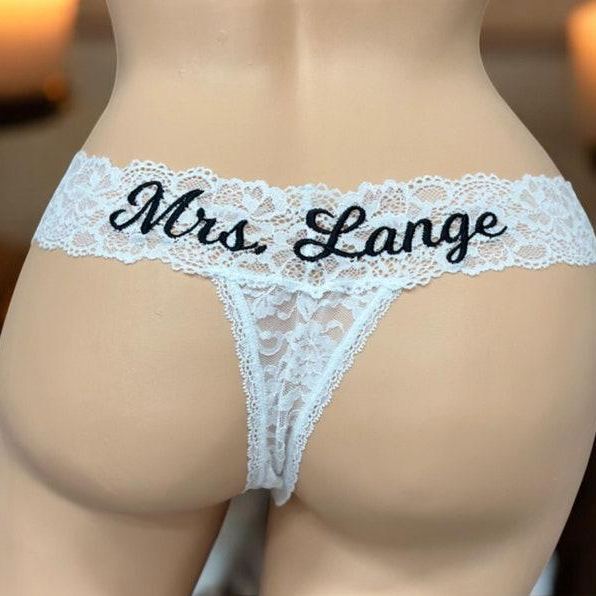 Personalized White Lace Bridal Thong Women`s Underwear