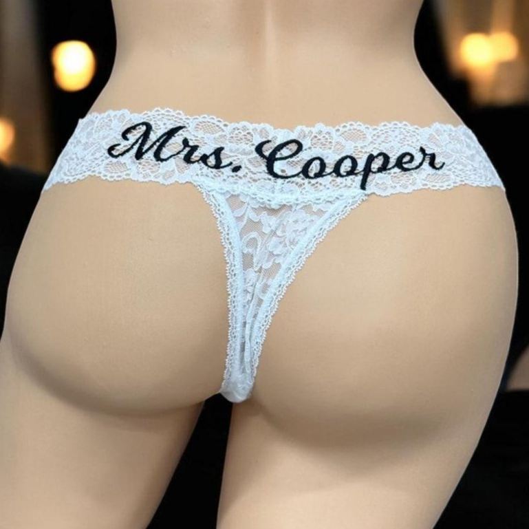 Personalized White Lace Bridal Thong Women`s Underwear