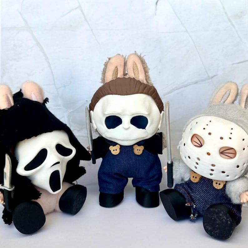 Horror Mask and Outfit Set for Doll, Slasher inspired costumes, Creepy Cute, Spooky Costume for Halloween, 6-Inch Plushie, Goth Theme