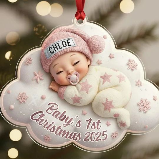 Personalized Baby’s First Christmas Acrylic Ornament, Custom Newborn Gift, Baby Shower Gift, Baby 1st Christma, Baby Santa Xmas Keepsake