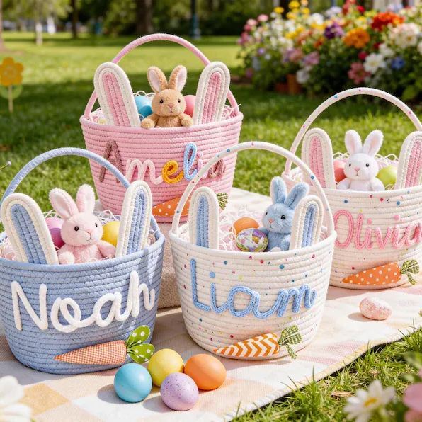 Personalized Easter Basket for Kids,Custom Name Basket,Rope Cotton Baby Gift Basket,Easter Egg Hunt Basket,Baby Shower Gift,Bunny Basket