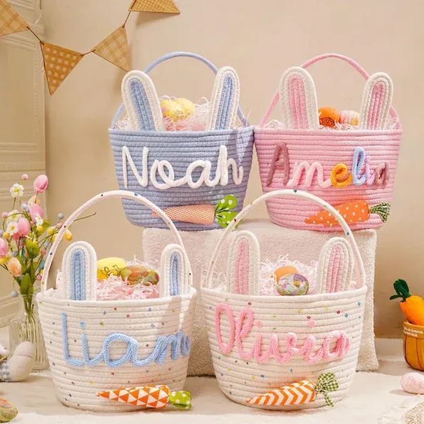Personalized Easter Basket for Kids,Custom Name Basket,Rope Cotton Baby Gift Basket,Easter Egg Hunt Basket,Baby Shower Gift,Bunny Basket