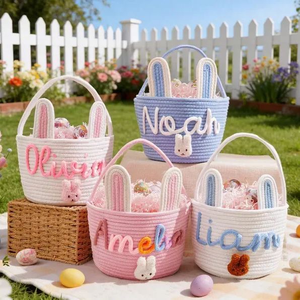 Personalized Easter Basket for Kids,Custom Name Basket,Rope Cotton Baby Gift Basket,Easter Egg Hunt Basket,Baby Shower Gift,Bunny Basket