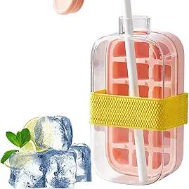 Ice Cube Bottle,2 in 1 Touch-Free Ice Cube Tray Water Bottle with Lid and Bin,Ice Maker Bottle,Silicone Water Bottle Ice Cube Tray Press Easy Ice Release for Freezer,Coffee,Juice,Beverage