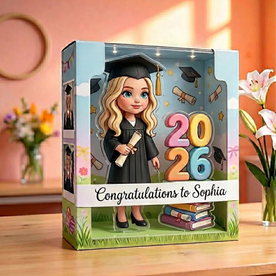 Personalized Class of 2026 Graduation Gift - Custom Photo Cartoon Character Acrylic Plaque in Keepsake Box - Congratulations Sophia