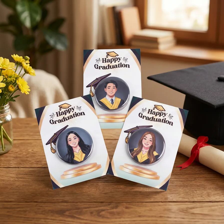 Personalized Graduation Photo Pins - Custom Graduate Illustration Button Badges - Unique Class of 2026 Keepsake & Graduation Gift
