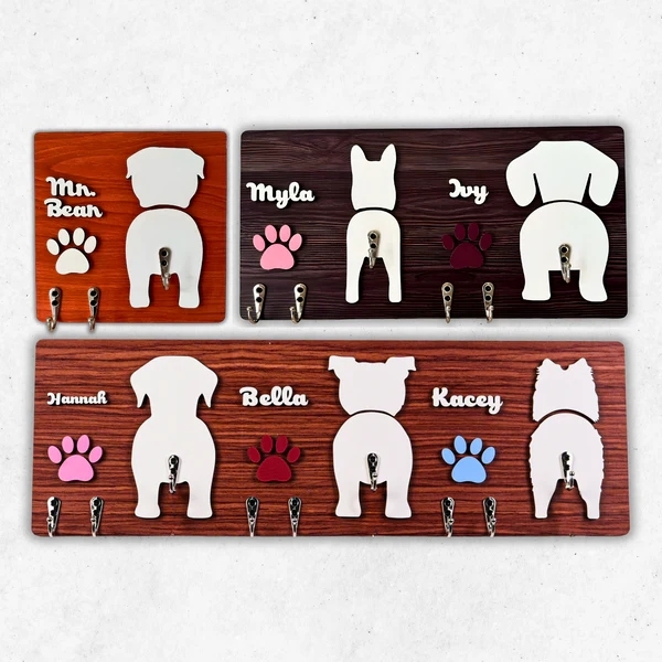 Handcraft Dog Leash Key Hanger Personalized, 2 Layers Wooden Custom Dog Silhouette, Gift For Dog Parents