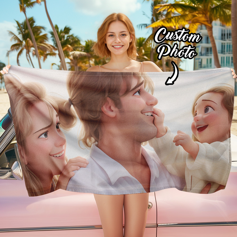 Custom Couple Photo 3D Cartoon Portrait Gift Photo Beach Towel - MyFaceBoxer