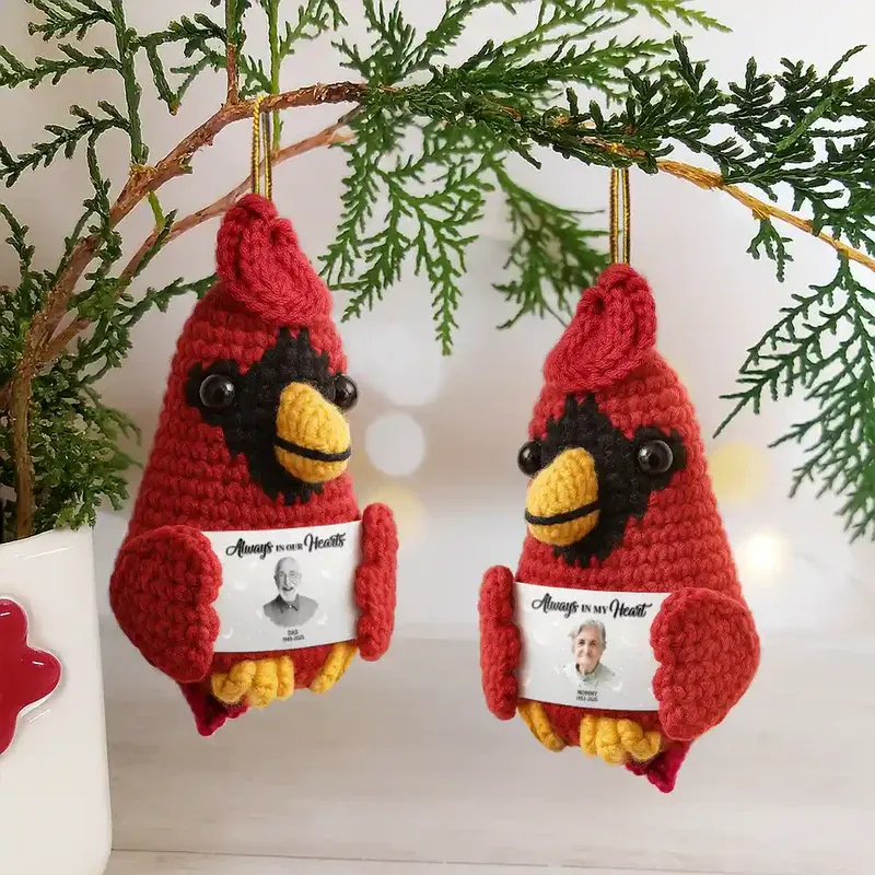 Custom Photo Memorial Always In Our Heart - Personalized Crochet Cardinal Bird Hanging Decoration