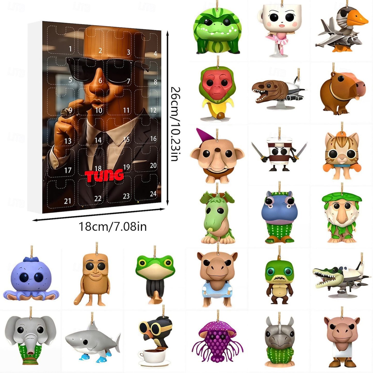 Tung Tung Tung Sahur Advent Calendar 2D Acrylic Ornaments 24 Days of Italian Brainrot Pendant Advent Calendar,Unique 24 Days of Surprises Gift Box,Fun & Creative Advent Calendar Ornament Decor Sets