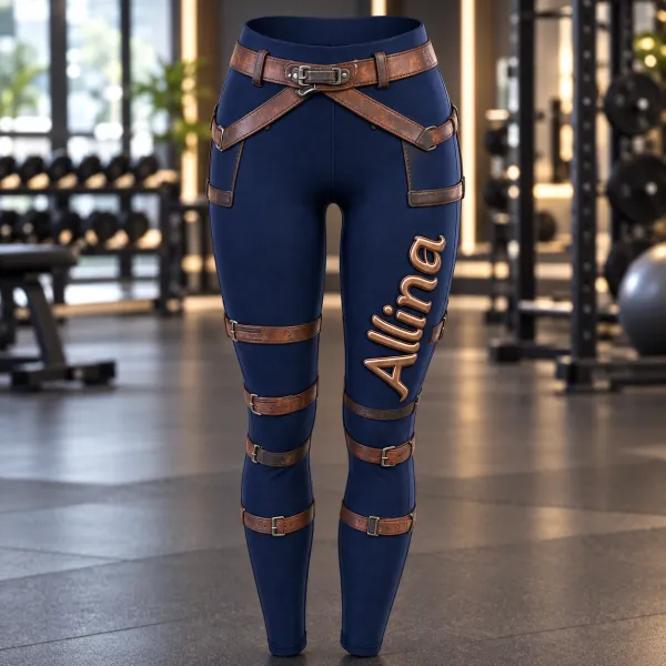 Custom 3D Metallic Name High-Waisted Buckle Leggings - Edgy Sculpting Activewear
