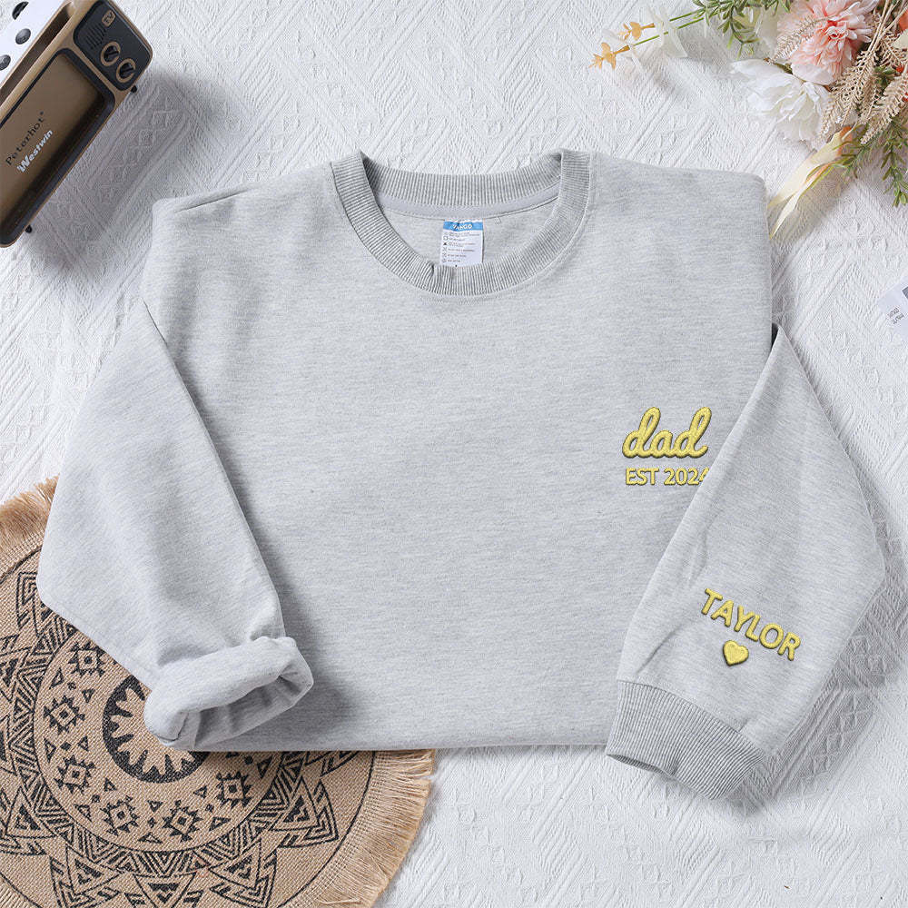 Personalized Dad Embroidered Sweatshirt With Date Custom Sleeve With Kid's Name