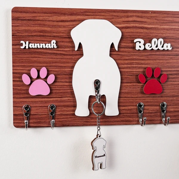Handcraft Dog Leash Key Hanger Personalized Wooden Custom Dog Silhouette, Gift For Dog Parents