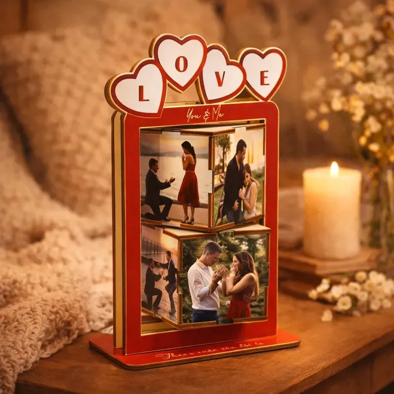 Personalized Wooden Rotating Photo Cube, Valentine Custom Photo Flip Box, Wedding Picture Display, Memory Keepsake,Creative Anniversary Gift