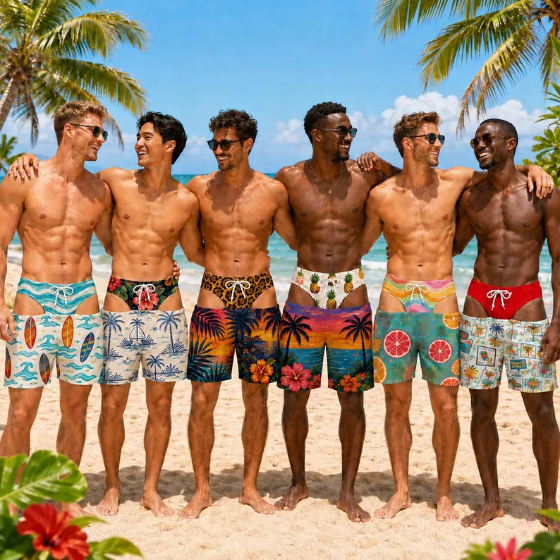 Funny Men’s Swim Trunks, Custom Fake Underwear Beach Shorts, Wide Load Gag Gift for Him, Birthday or Bachelor Party Swimwear