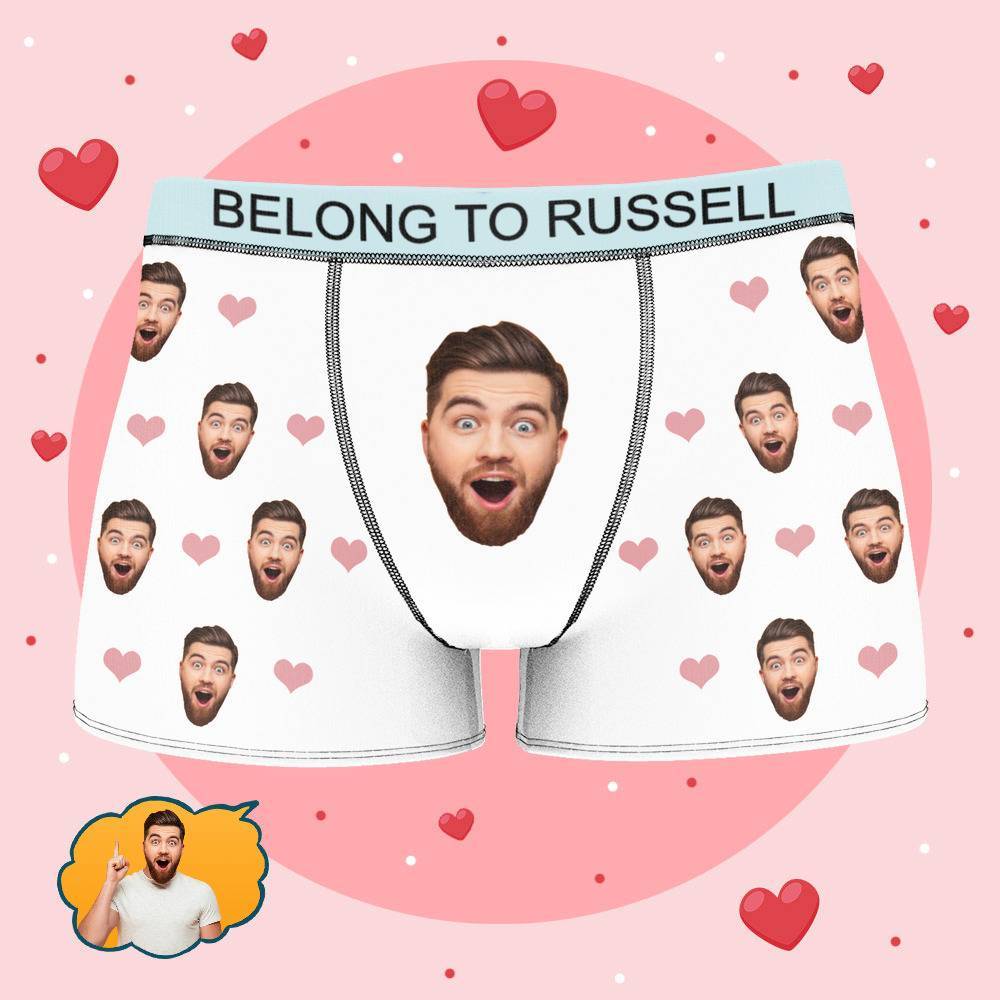 Personalized Property of Russell Boxer Custom Name Face Boxer with Text Inscribed Waist Anniversary Gifts for Boyfriend. - MyFaceBoxer