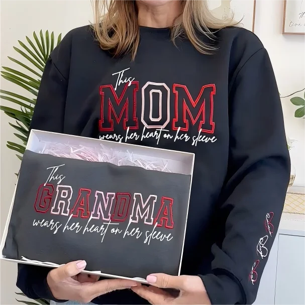 Embroidered Custom Mum Wears Her Heart On Her Sleeve T-Shirts, Sweatshirts, Hoodies