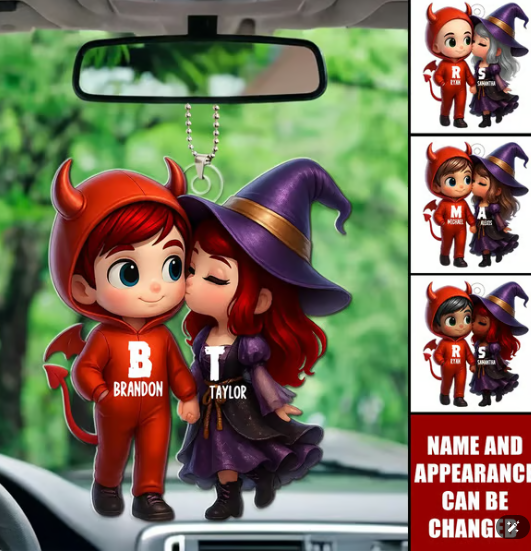 Personalized Acrylic Car Hanger - Cute Couple Kissing Moment - Custom Name Gift for Boyfriend & Girlfriend