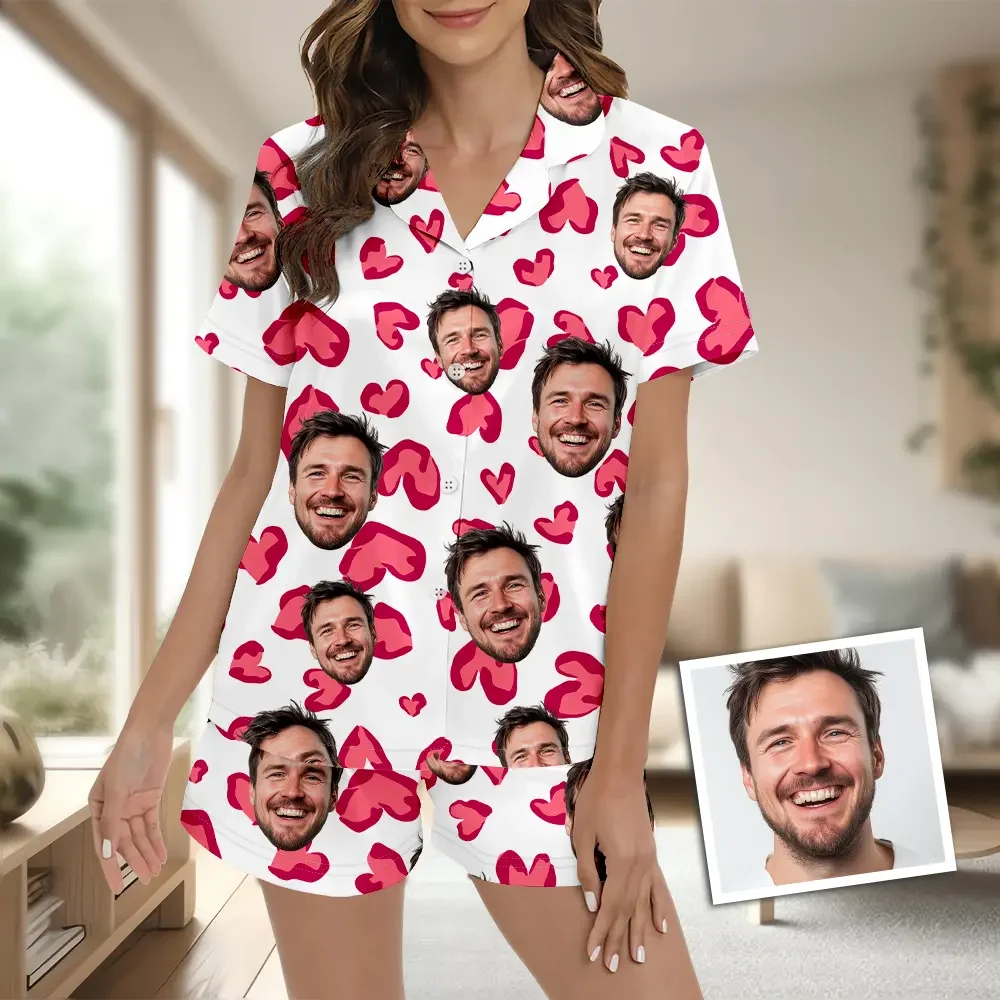 Custom Face Short Sleeve Pajamas Custom Red Heart Photo Pajamas Suit