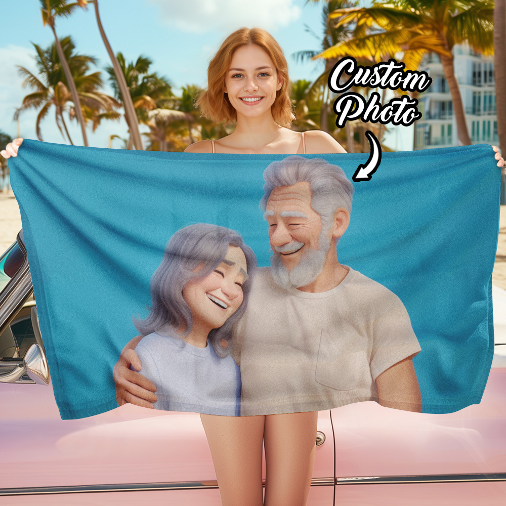 Custom Couple Photo 3D Cartoon Portrait Gift Photo Beach Towel - MyFaceBoxer
