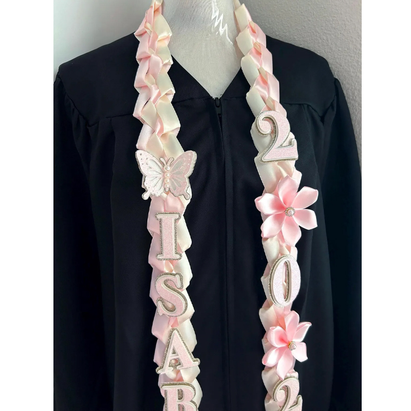 Personalized Graduation Lei With Flowers, Grad Gift, Class of 2026, Satin Ribbon, Single Braided Ribbon, Graduation Stole