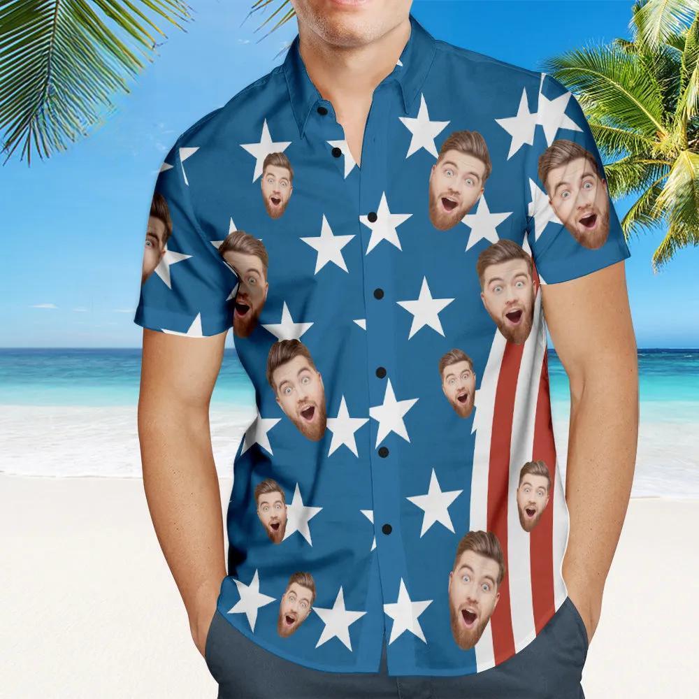 Custom Face Men's Hawaiian Shirts 4th of July American Flag Patriotic Independence Day Hawaiian Shirts - MyFaceBoxer