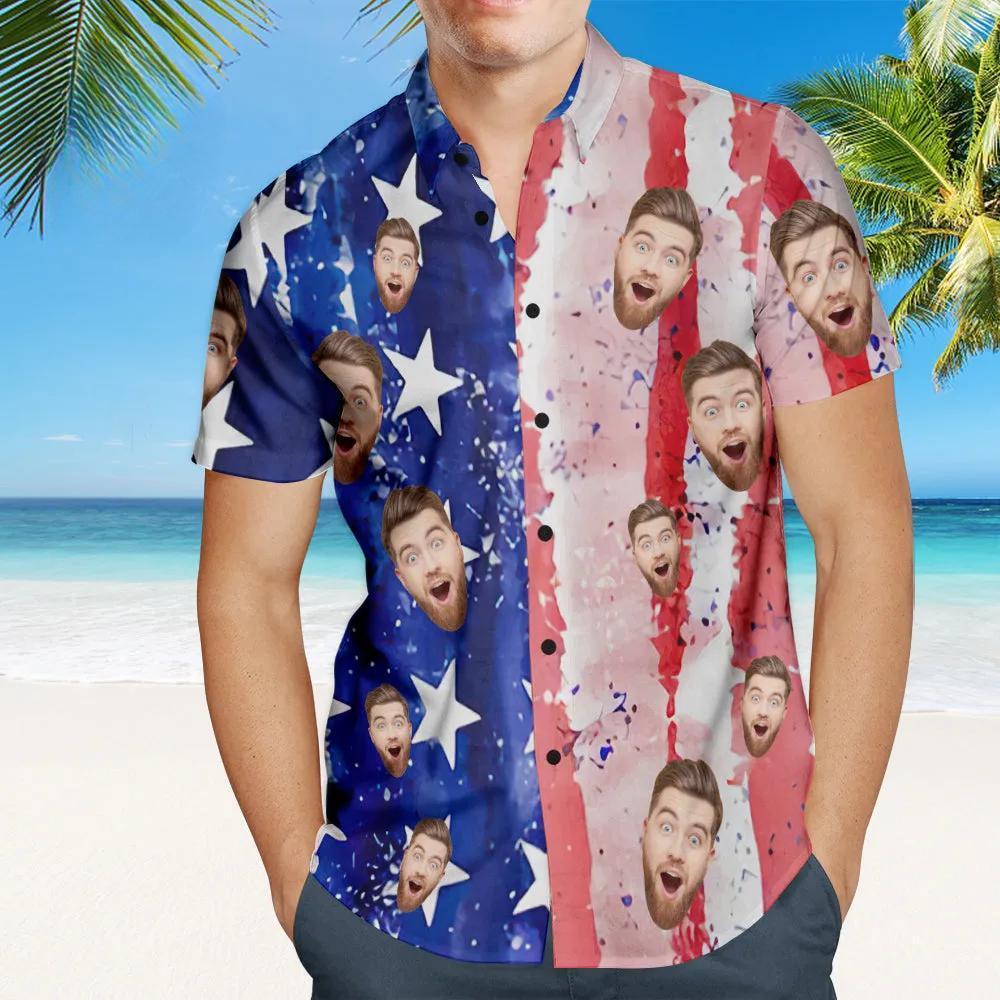 Custom Face Men's Patriotic Hawaiian Shirt Casual Breathable Short Sleeve Hawaiian Shirt - MyFaceBoxer