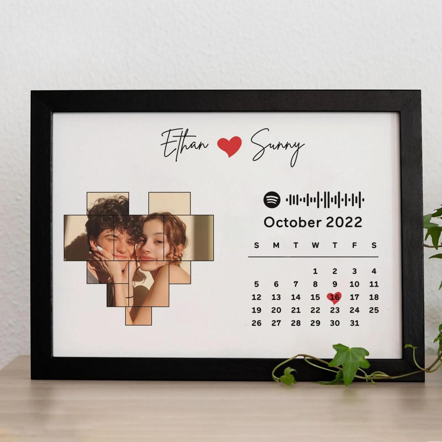 Custom Photo Calendar and Names with Spotify code Wooden Frame Gifts for Her Love Couple - MyFaceBoxer