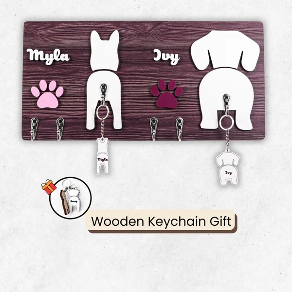 Handcraft Dog Leash Key Hanger Personalized Wooden Custom Dog Silhouette, Gift For Dog Parents