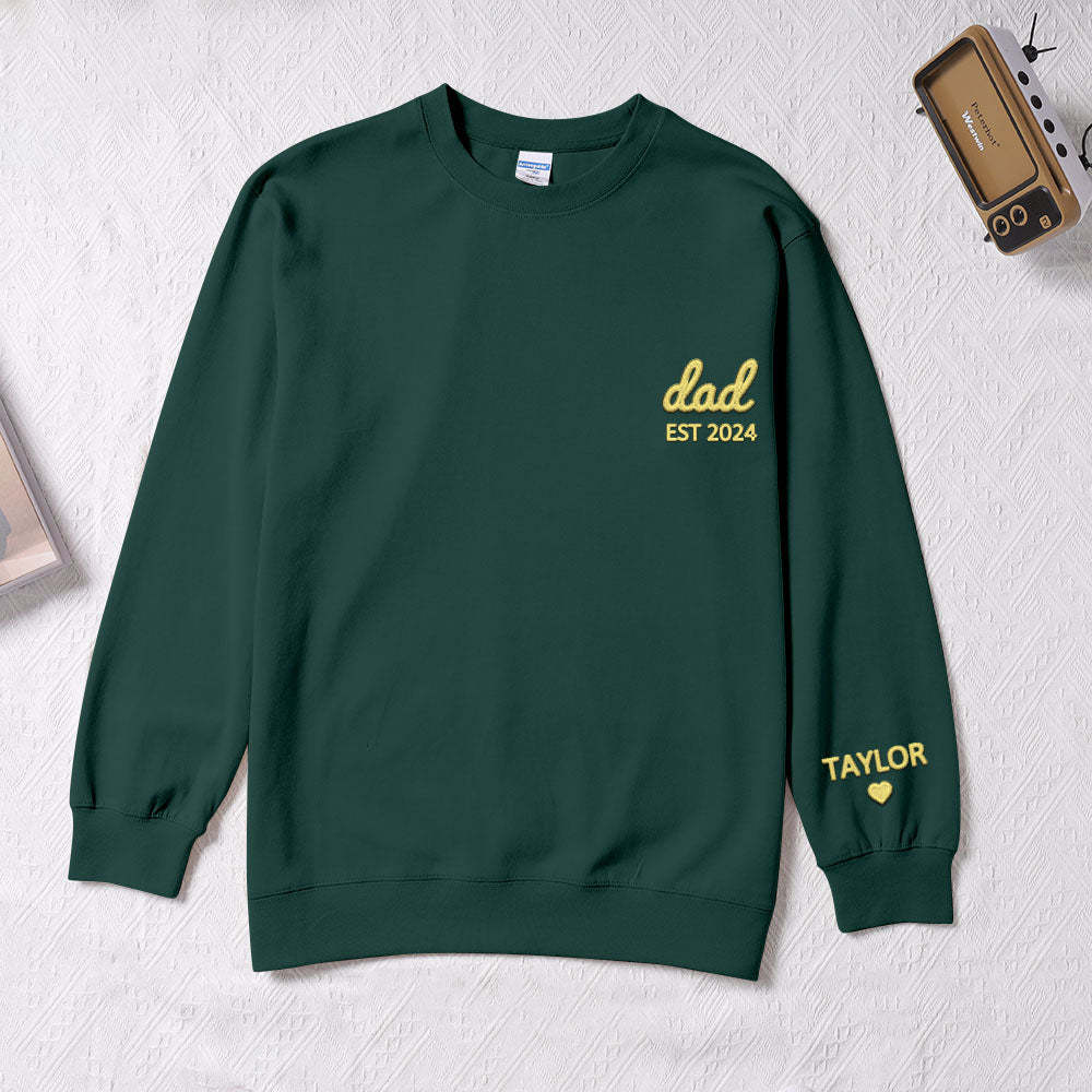 Personalized Dad Embroidered Sweatshirt With Date Custom Sleeve With Kid's Name