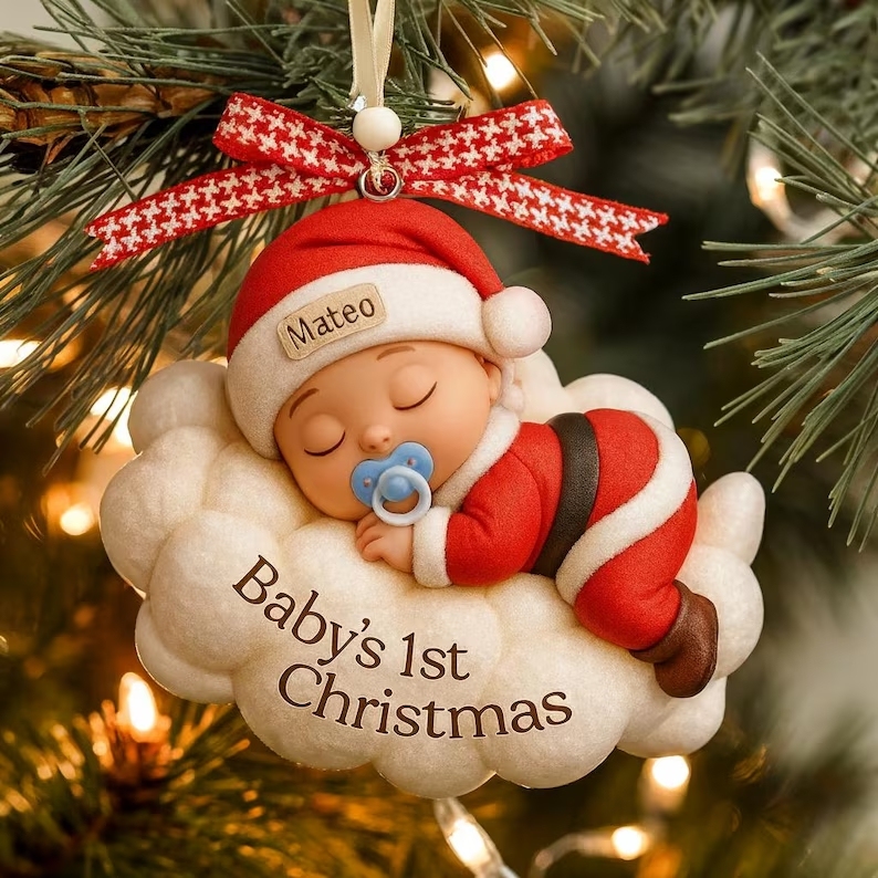 Personalized Baby’s First Christmas Acrylic Ornament, Custom Newborn Gift, Baby Shower Gift, Baby 1st Christma, Baby Santa Xmas Keepsake