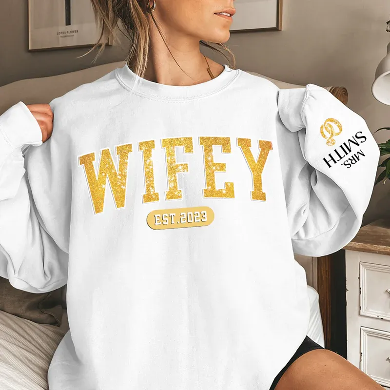 Wifey Est - Couple Personalized Custom Unisex Sweatshirt With Design On Sleeve - Gift For Husband Wife, Anniversary - MyFaceBoxer