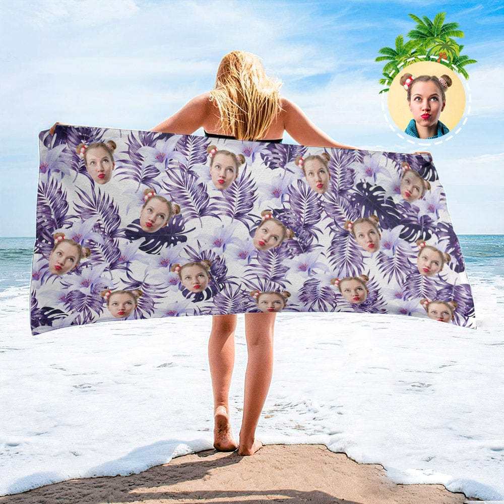Personalized Beach Towels with Photo Custom Sunset and Coconut Trees Beach Towel - MyFaceBoxer