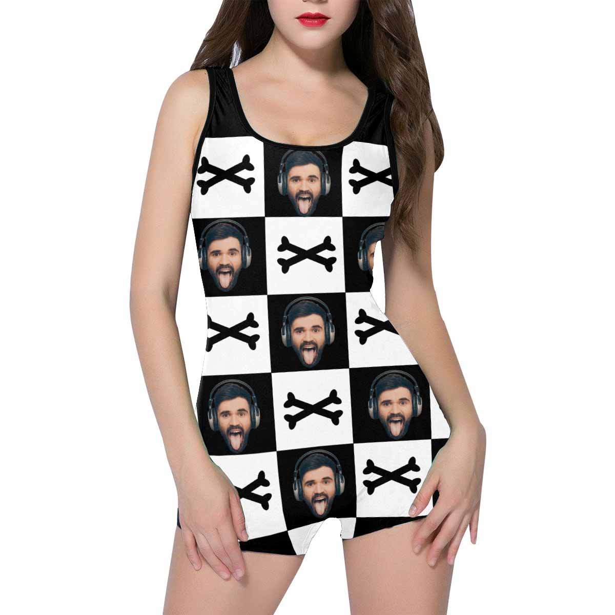 Custom Face Crossbones Black and White Women's One Piece Boyleg Swimsuit - MyFaceBoxer