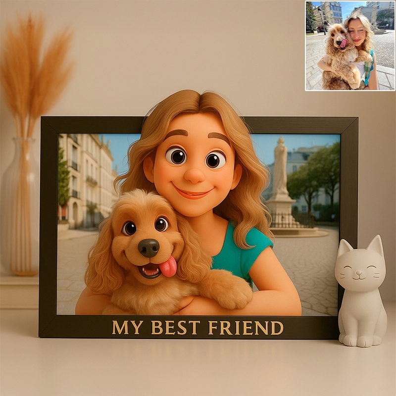 Gifts for Pet Owner Custom Photo Cartoon-Style Picture Wooden Frame - MyfaceboxerAU