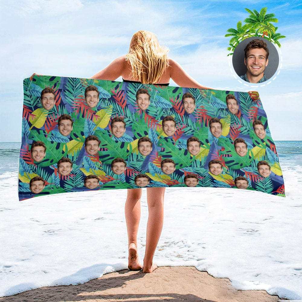 Personalized Beach Towels with Photo Custom Sunset and Coconut Trees Beach Towel - MyFaceBoxer