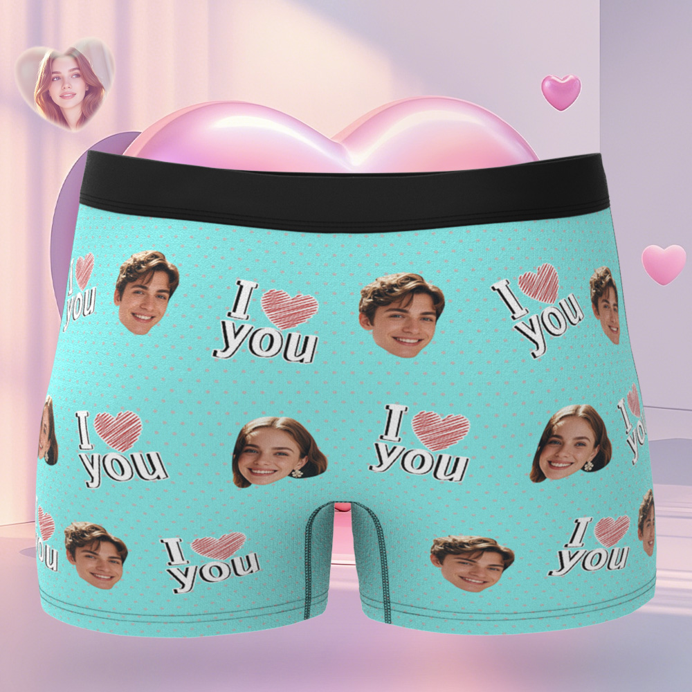 Personalized Face Men's Boxer Teal Underwear Gifts for Husband I Love You Heart Men Face Boxer - MyfaceboxerAU
