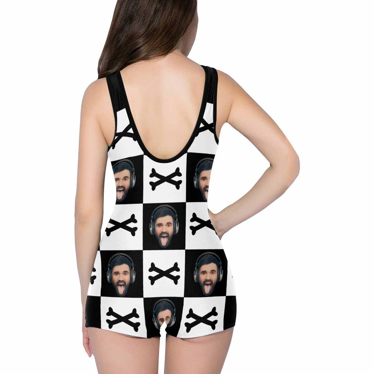 Custom Face Crossbones Black and White Women's One Piece Boyleg Swimsuit - MyFaceBoxer