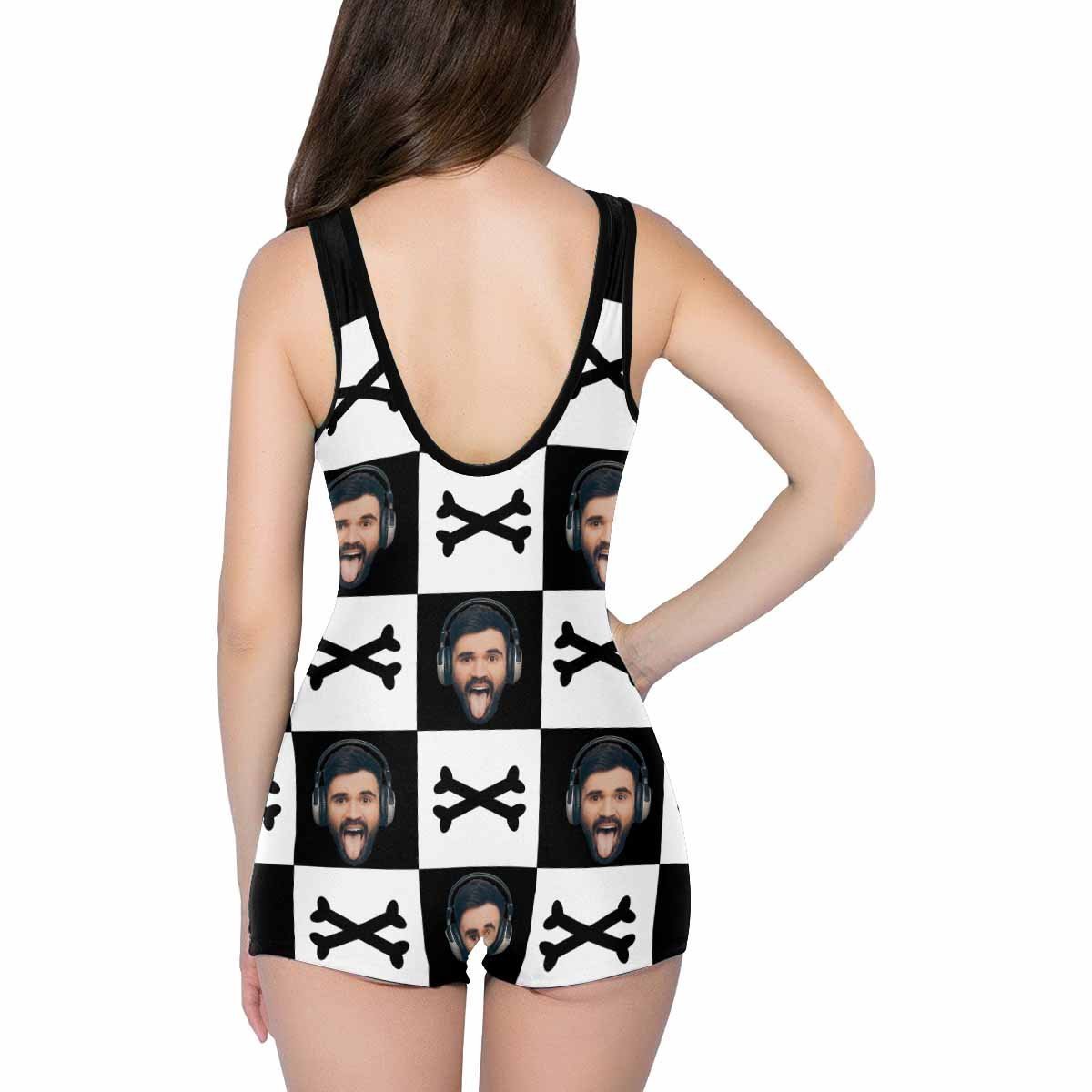 Custom Face Crossbones Black and White Women's One Piece Boyleg Swimsuit - MyFaceBoxer
