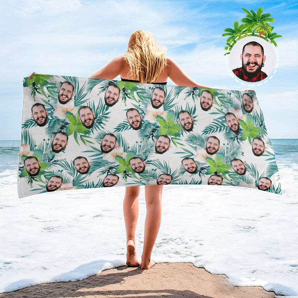 Personalized Beach Towels with Photo Custom Sunset and Coconut Trees Beach Towel - MyFaceBoxer