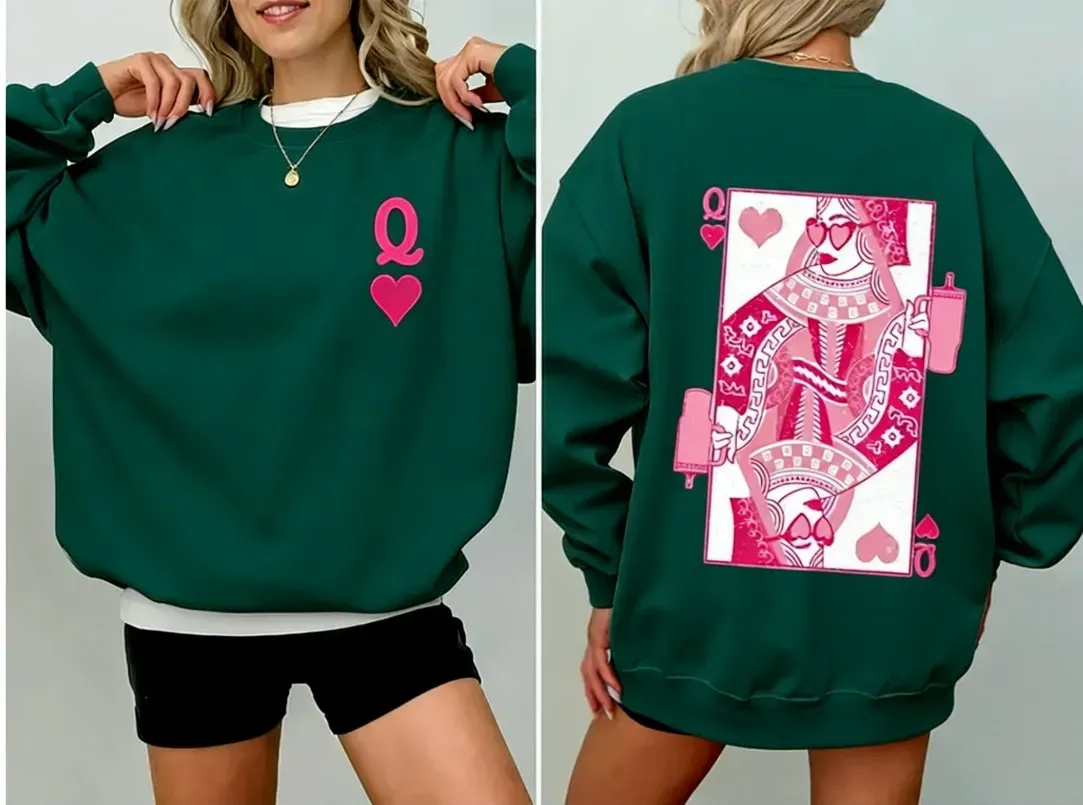 Queen of Hearts Valentine's Day Sweatshirt Crew Neck Sweatshirt Women's Casual Long Sleeve - MyfaceboxerAU
