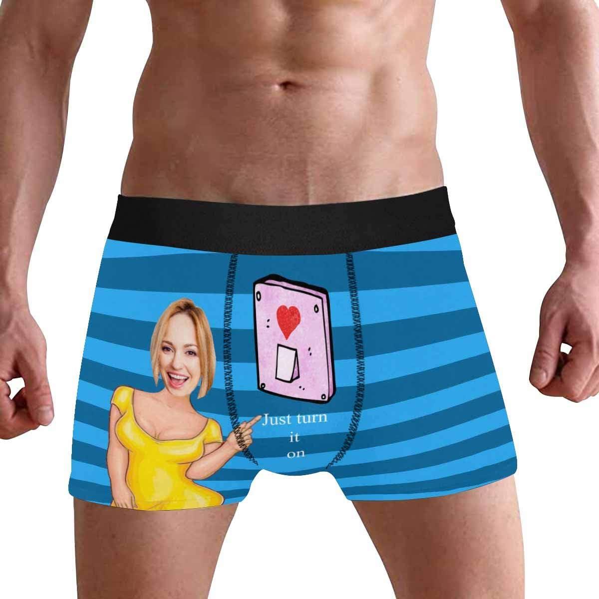 Personalized Face Men's Boxer Briefs Underwear Shorts Underpants with Photo Just Turn It On All Gray Stripe - MyfaceboxerAU
