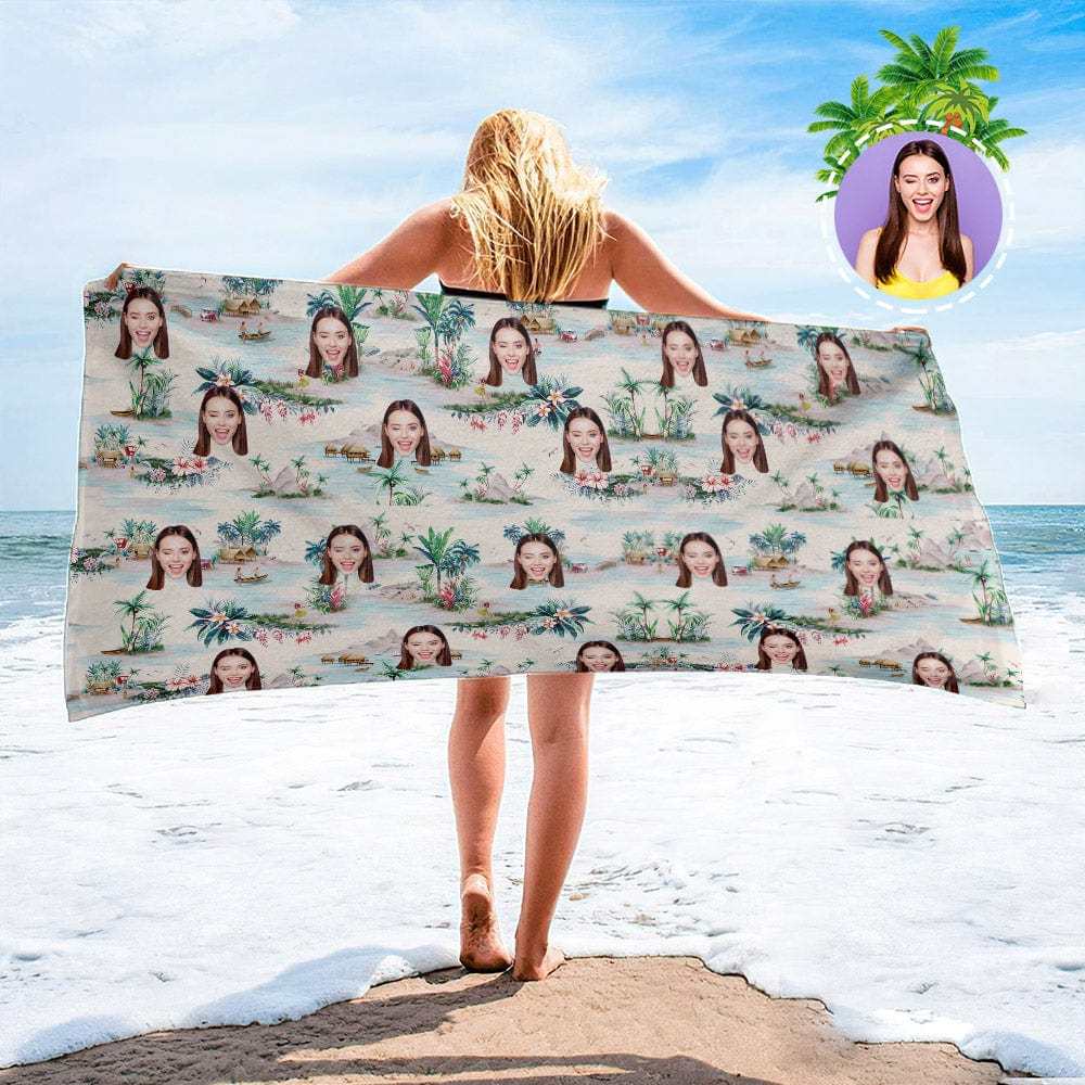 Personalized Beach Towels with Photo Custom Sunset and Coconut Trees Beach Towel - MyFaceBoxer