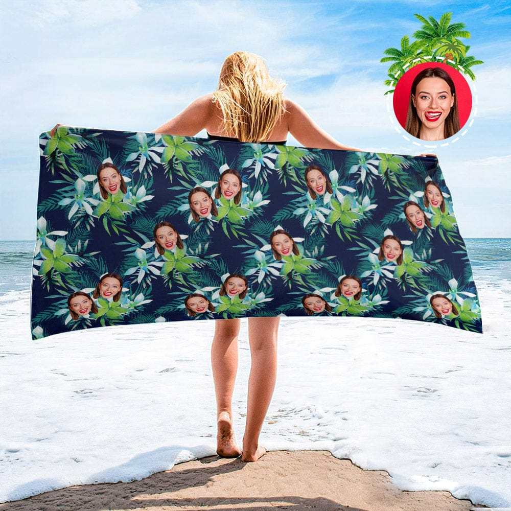 Personalized Beach Towels with Photo Custom Sunset and Coconut Trees Beach Towel - MyFaceBoxer
