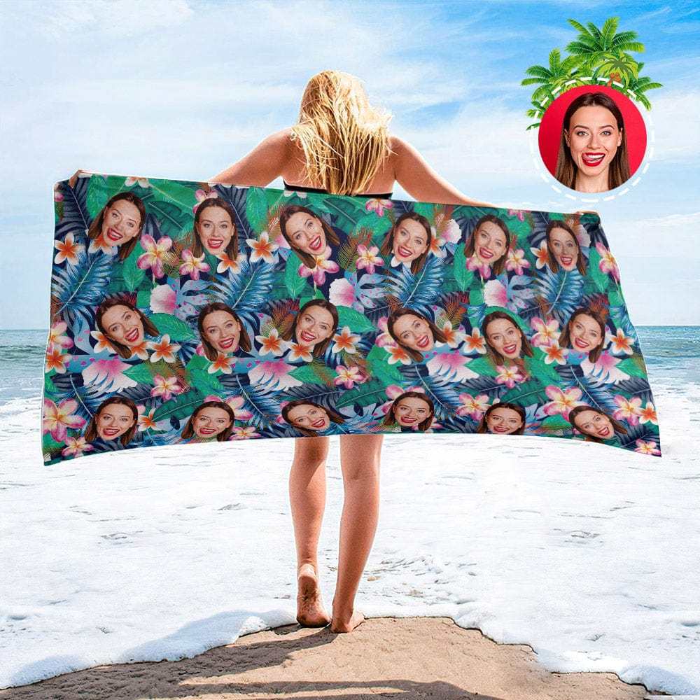 Personalized Beach Towels with Photo Custom Sunset and Coconut Trees Beach Towel - MyFaceBoxer