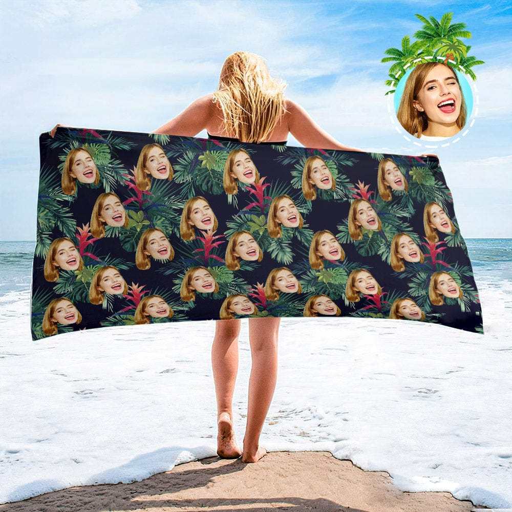 Personalized Beach Towels with Photo Custom Sunset and Coconut Trees Beach Towel - MyFaceBoxer