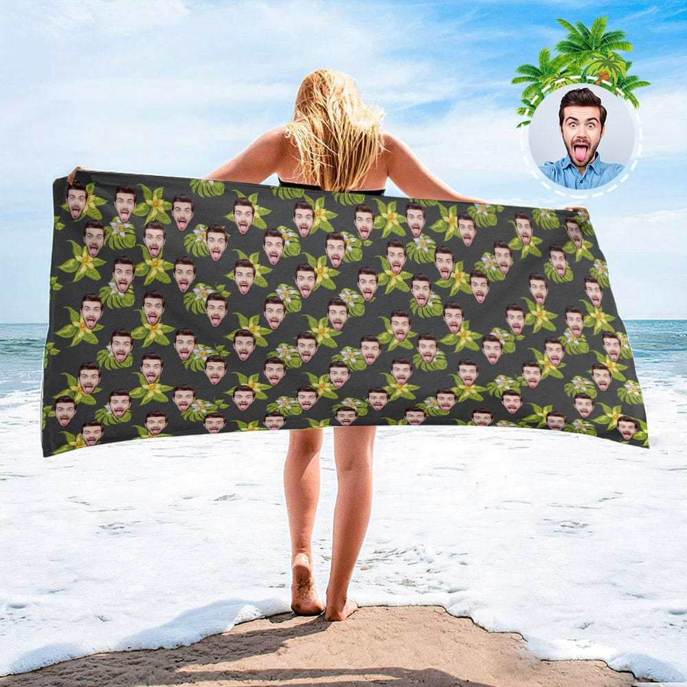 Personalized Beach Towels with Photo Custom Sunset and Coconut Trees Beach Towel - MyFaceBoxer