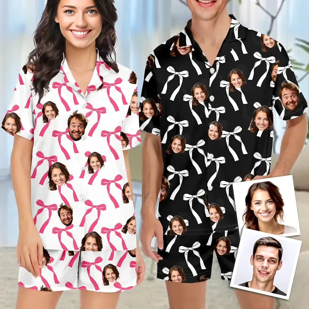 Custom Face Short Sleeve Pajamas Custom Bow Couple Gift Photo Pajamas Suit - MyfaceboxerAU