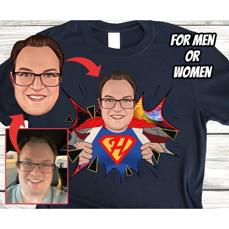 Custom Superhero Shirt, Superhero Cartoon, Personalized Cartoon Portrait, Custom Cartoon Shirt, Superhero Gift For Dad, Comic Photo Shirt